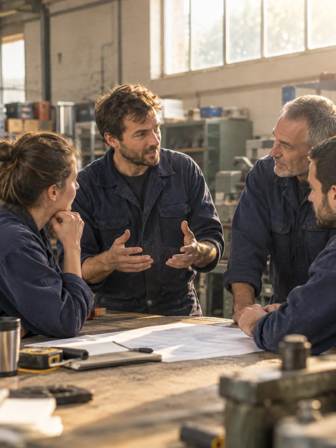 Petite équipe en bleu de travail réunie autour d’un établi pour le point du matin